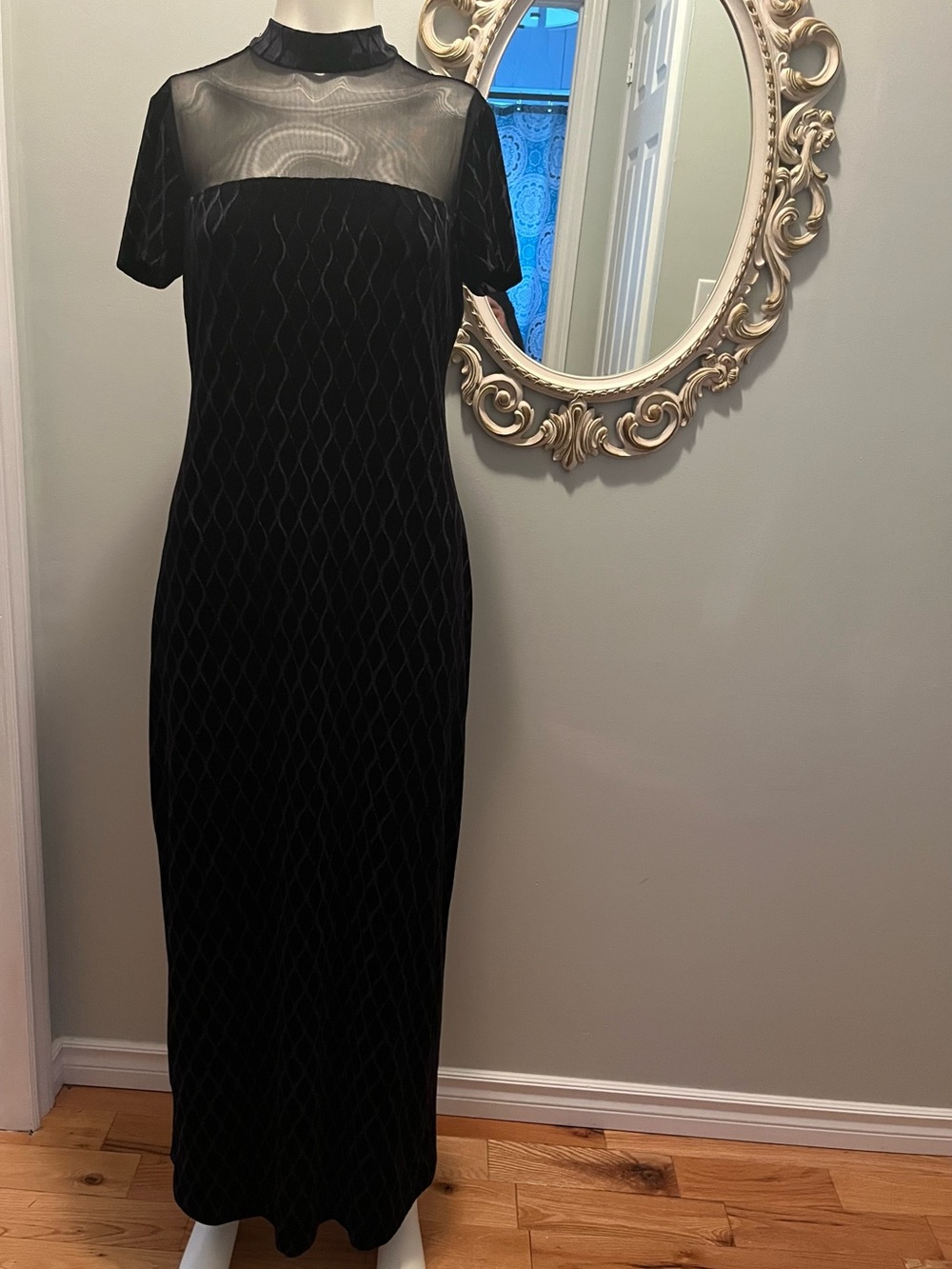 Elegant Velvet Black Maxi Dress with Sheer Yoke
